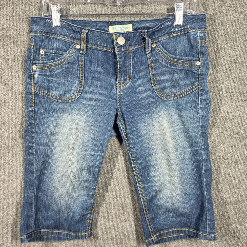 Vintage Paris Blues Denim Bermuda Shorts Juniors 9 Whiskered Distressed Stretch‎